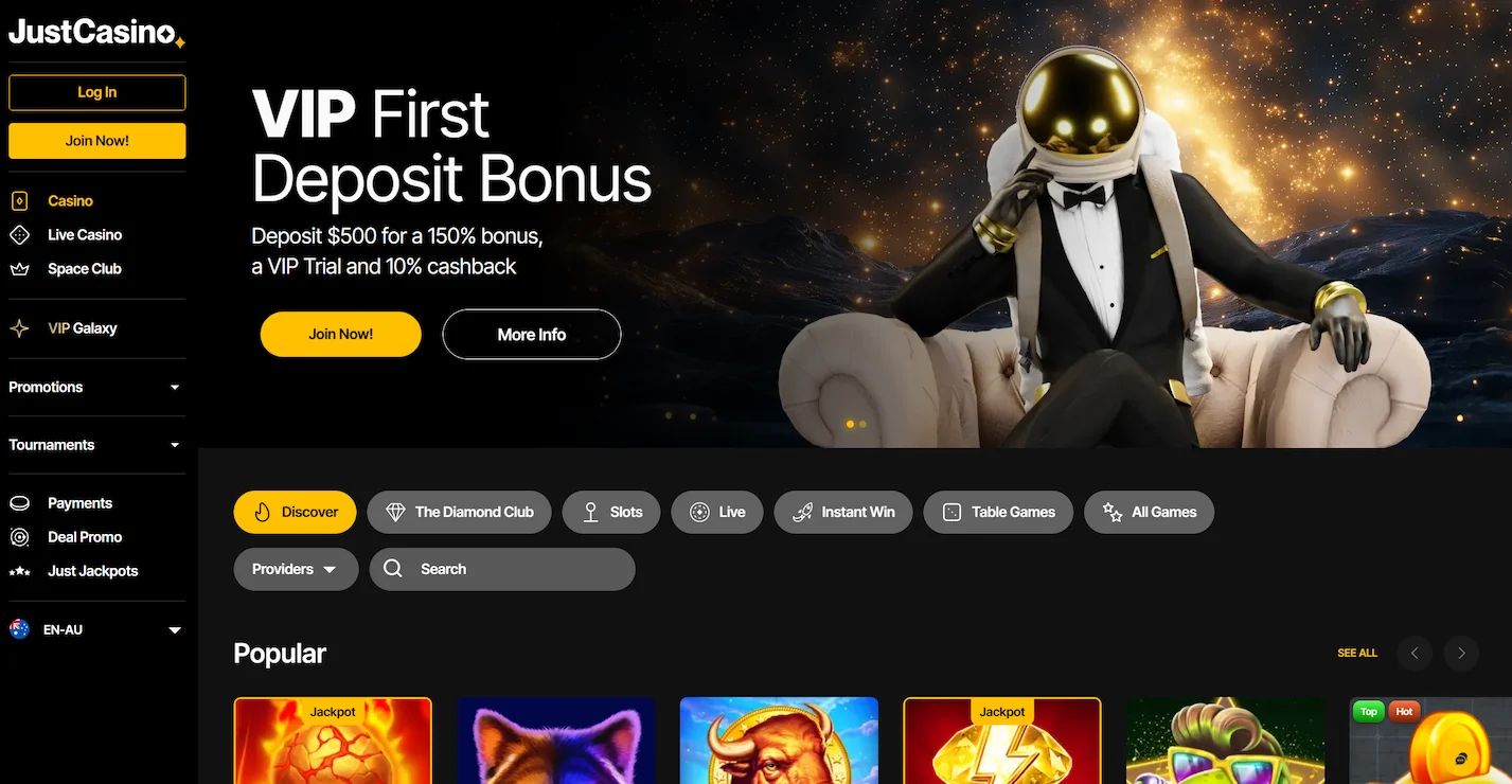 JustCasino frontpage showing VIP frst deposit bonus offer, selection of popular online pokies and site navigation