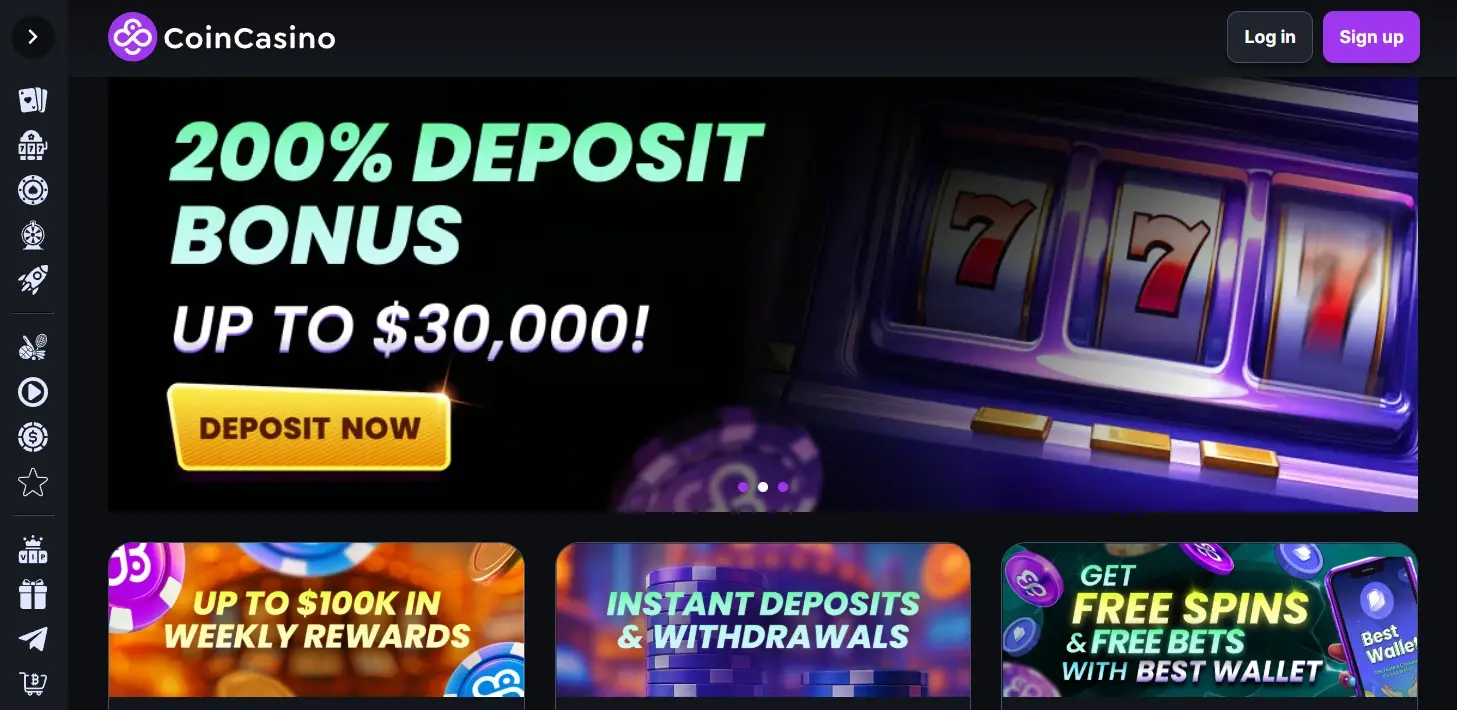 CoinCasino frontpage showing deposit bonus offer and site navigation