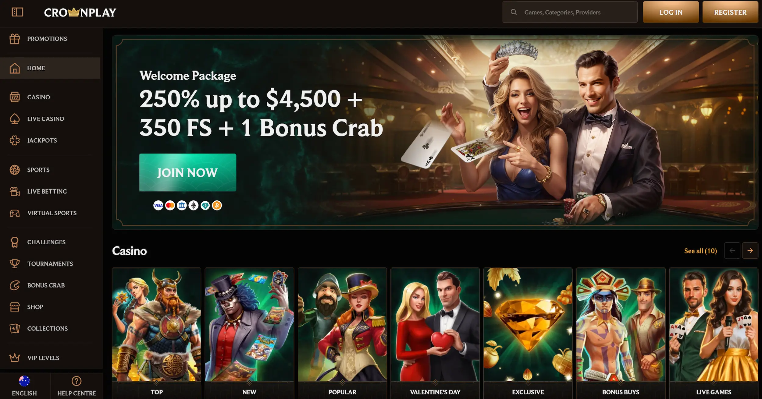 Crownplay casino frontpage showing welcome bonus offer and site navigation