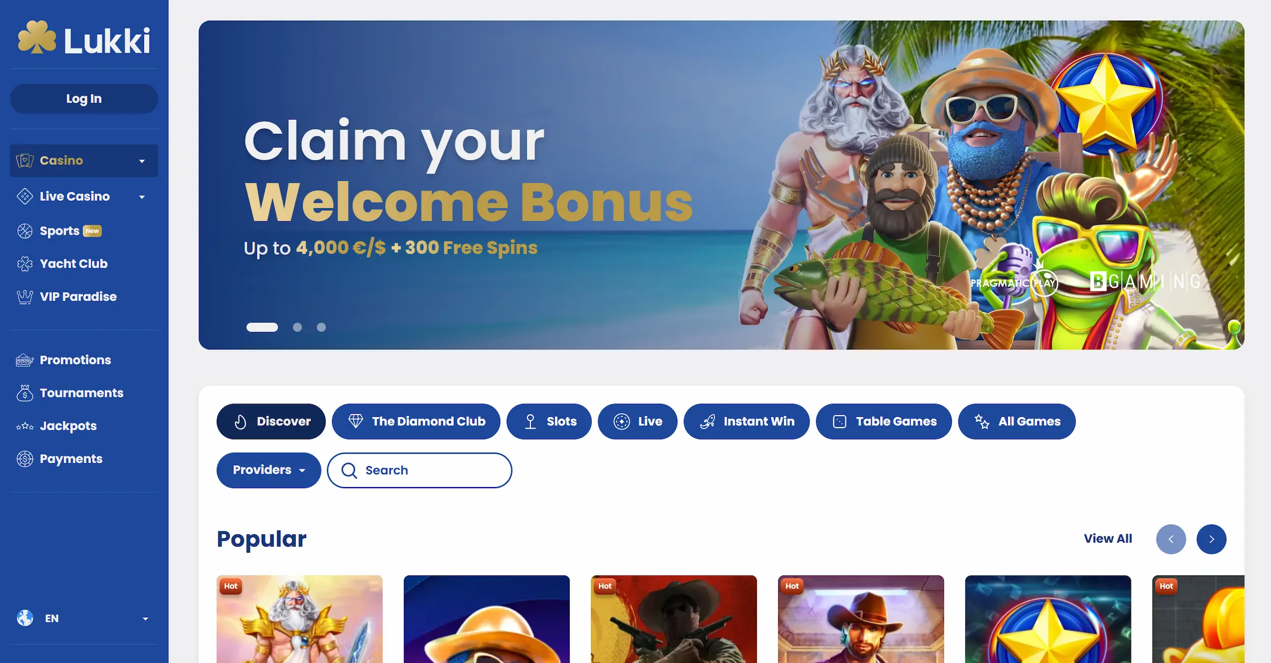 Lukki casino frontpage showing welcome bonus offer, selection of popular online pokies and site navigation